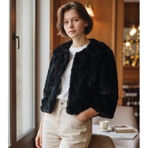 Sashimi Black Faux Fur Cropped Jacket Chic Bolero Coat 3/4 Sleeve Trendy Small #